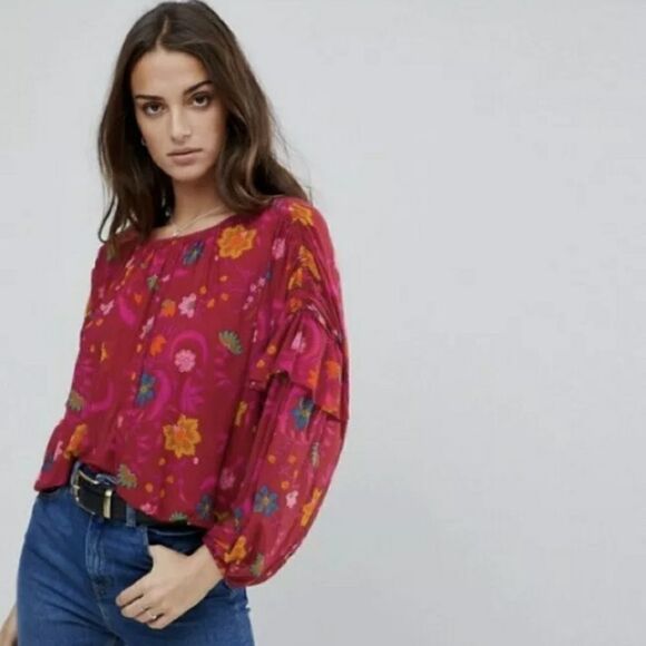 Free People Wildflower Honey Floral Stretch Mesh Blouson Ruffle Top S - Picture 1 of 13